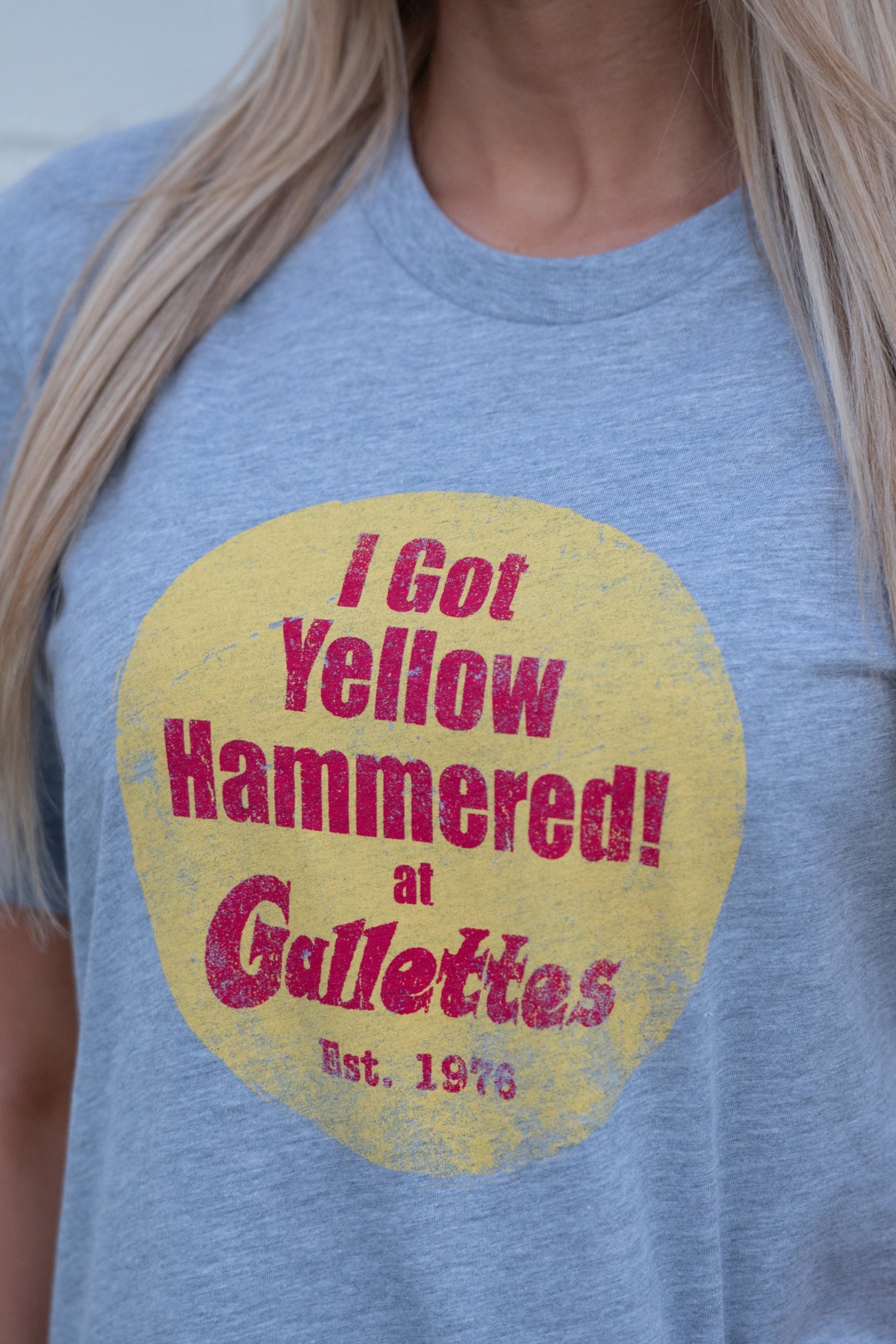 Gallettes Grey T-Shirt with Red text inside of  Yellow circle "I Got Yellow Hammered! at Gallettes"