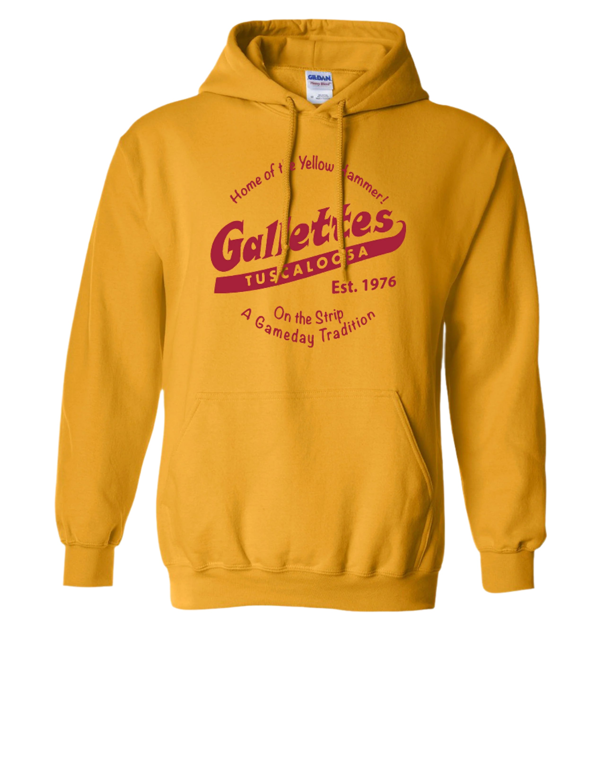 Gallettes Yellow Hoodie with a Red Gallettes logo surrounded by Red text "Home of the Yellow Hammer!" and "On the Strip gameday Tradition"