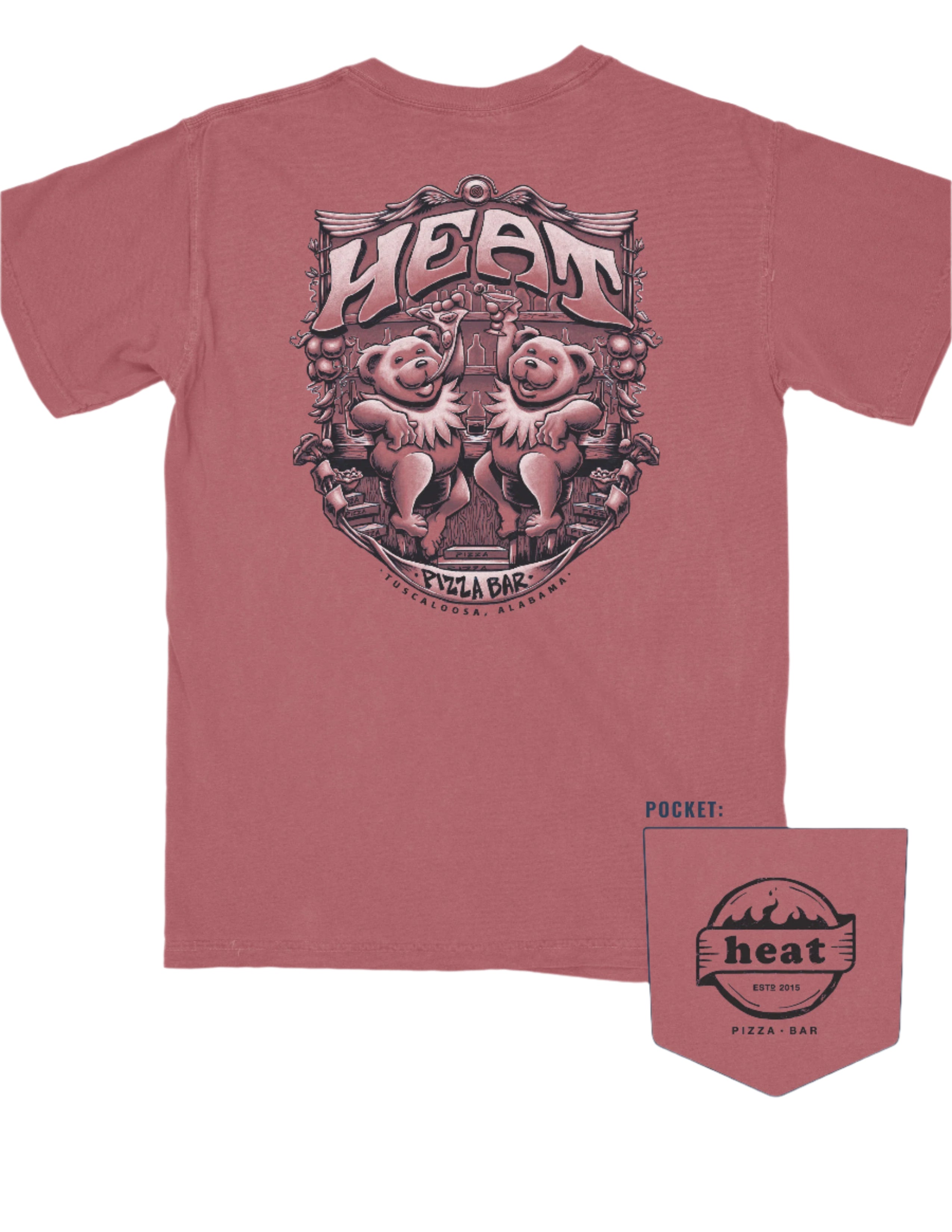 Heat Pizza Red Bar Bears T-Shirt with text “Heat" above two bears, one eating pizza, the other holding a martini at the bar