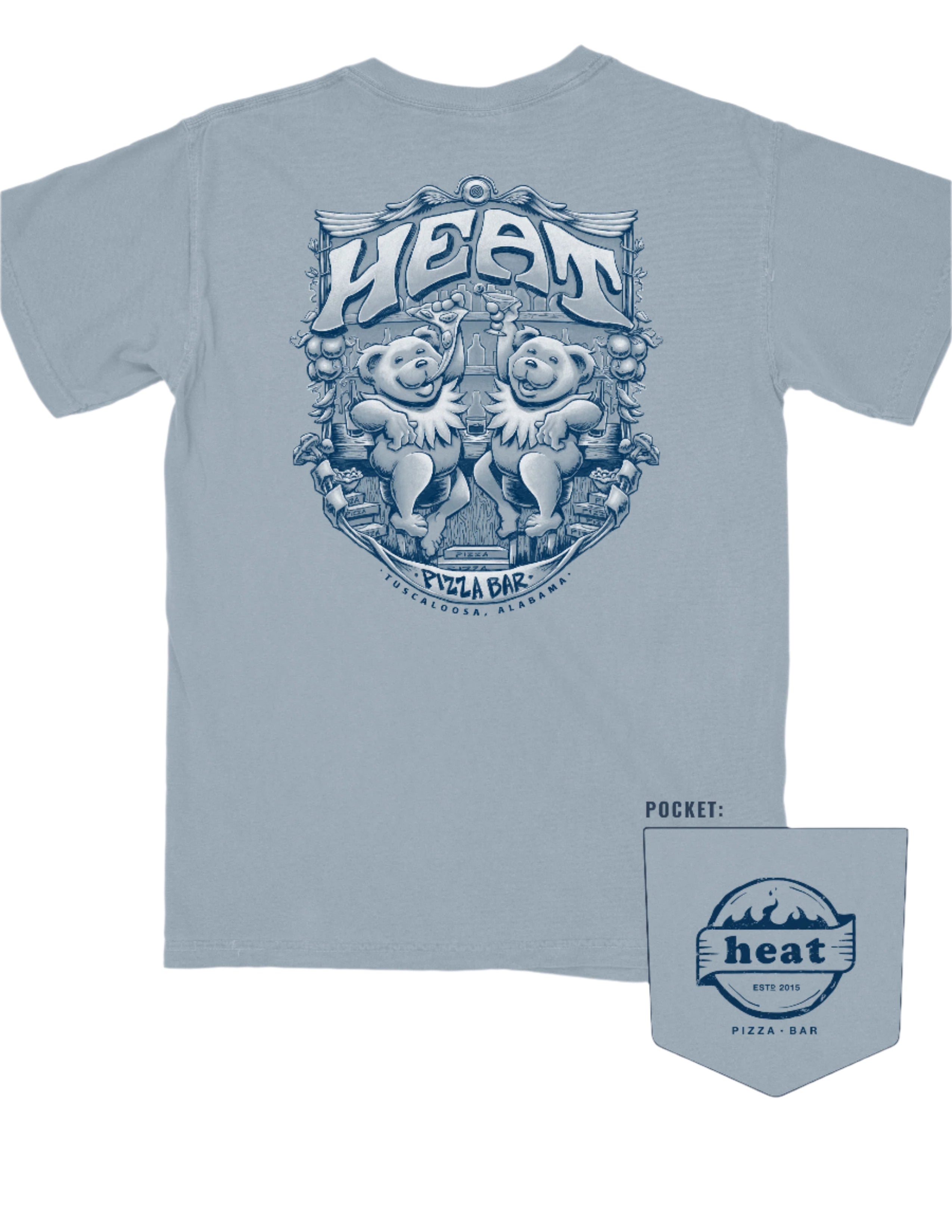 Heat Pizza Ice Blue Bar Bears T-Shirt with text Heat" above two bears, one eating pizza, the other holding a martini, at the bar
