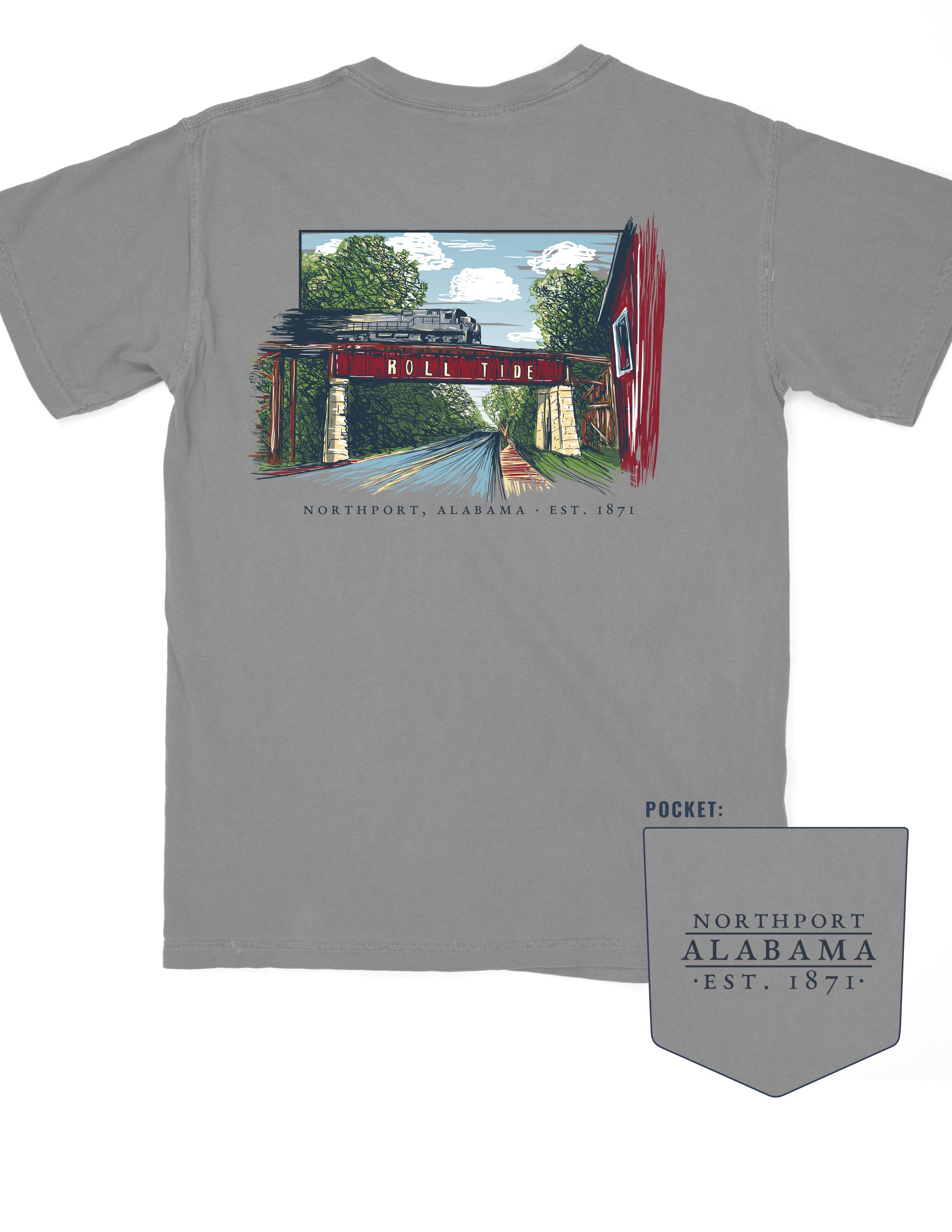 Grey T-Shirt with a hand-drawn illustration of the Downtown Northport Train tracks above Black text "Northport, Alabama EST. 1871"