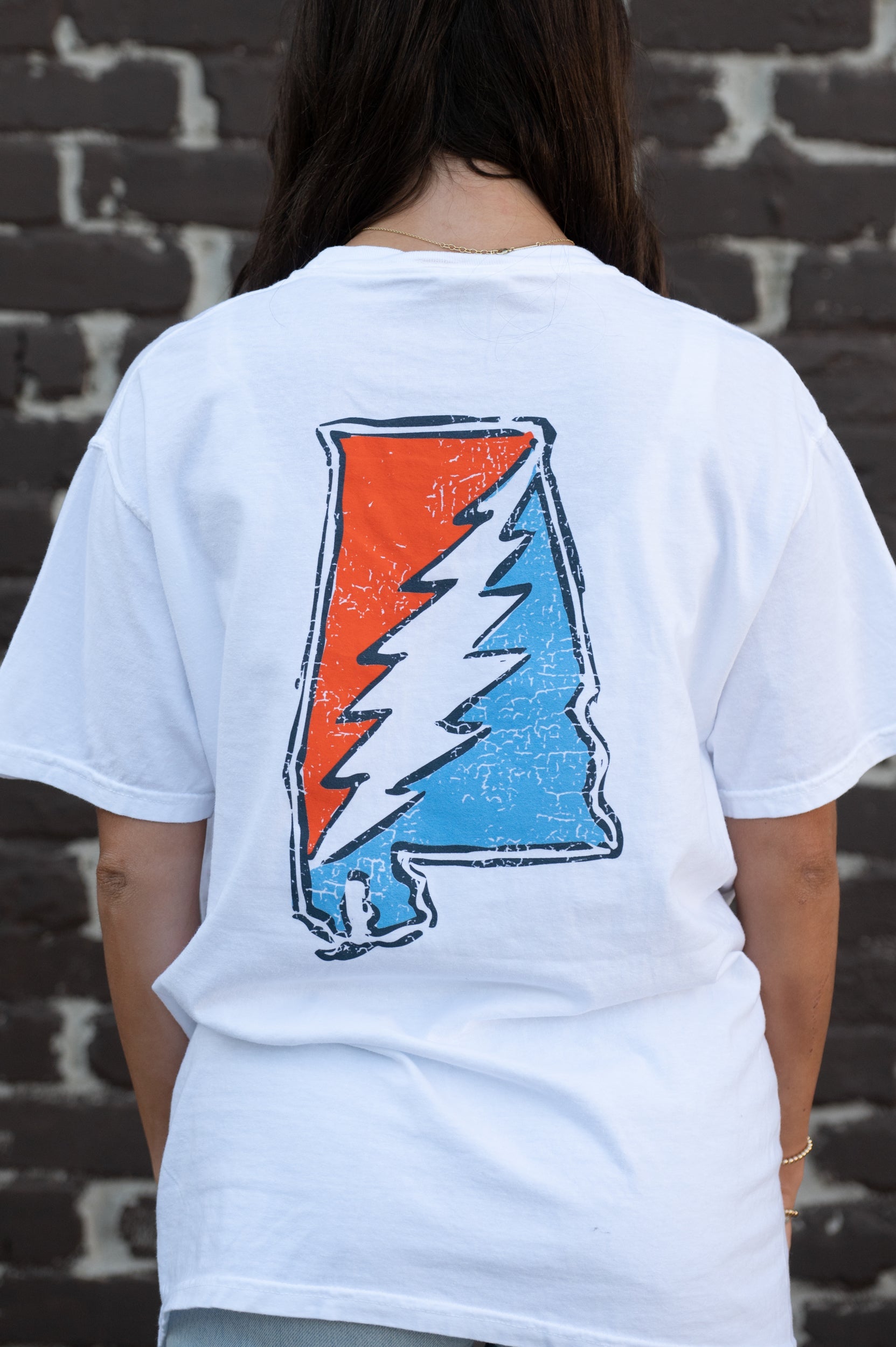 Grateful State White T-Shirt with an Orange and Blue print of the Alabama "Grateful State" Logo