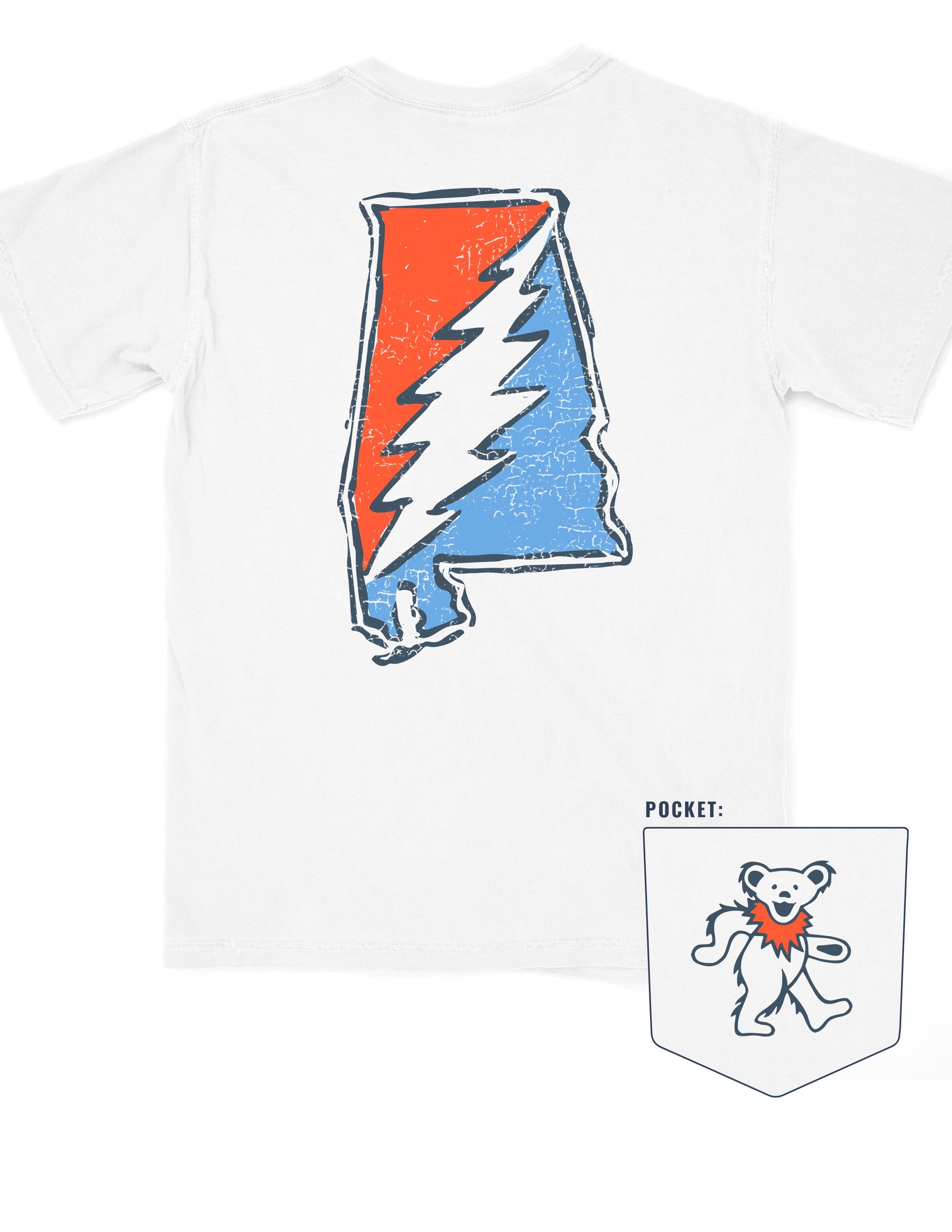 Grateful State White T-Shirt with an Orange and Blue print of the Alabama "Grateful State" Logo