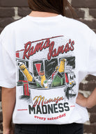 Rama Jama's White Mimosa Madness T-Shirt with an image of an ice bucket with three glass bottles inside and text "Mimosa Madness"