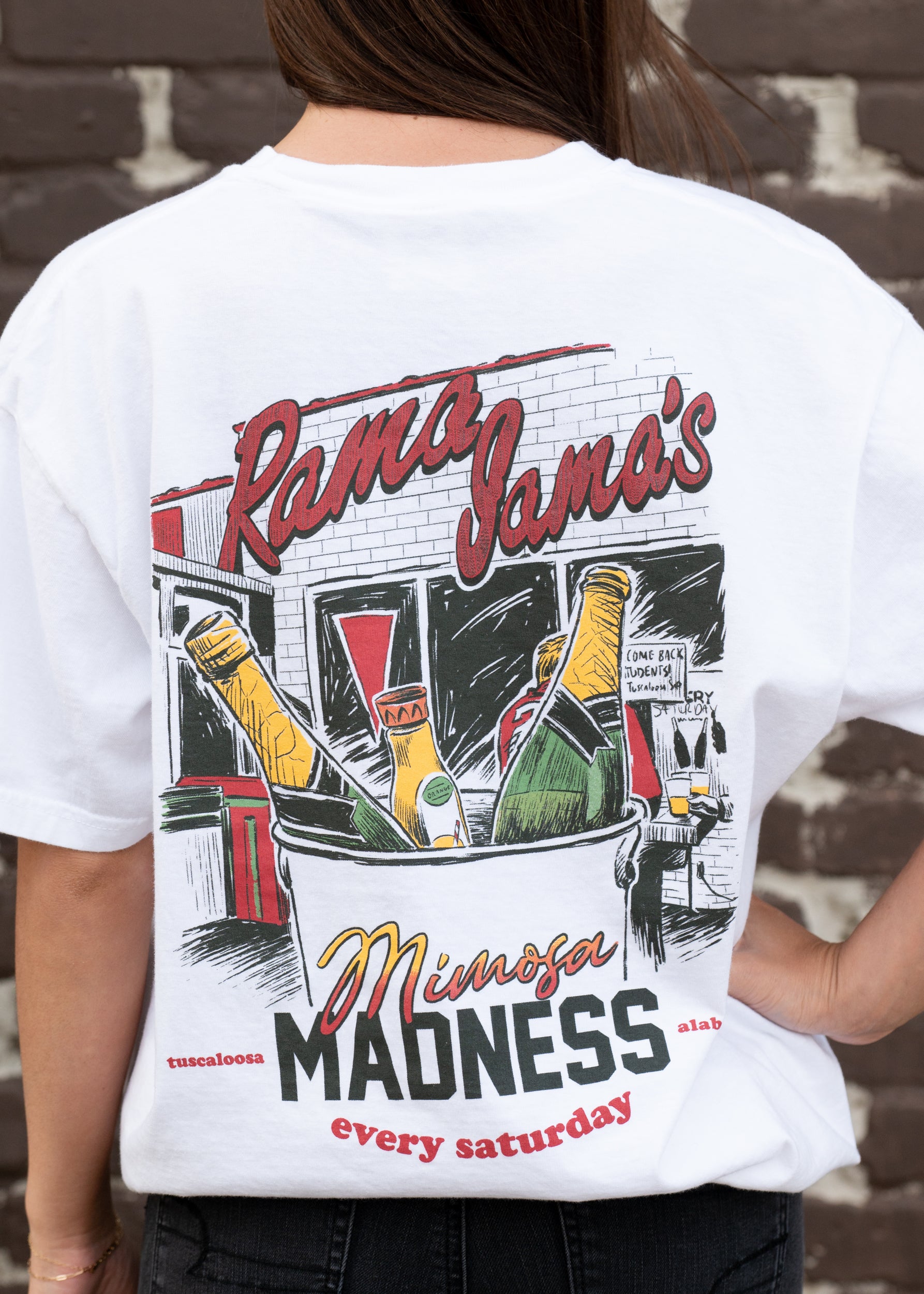 Rama Jama's White Mimosa Madness T-Shirt with an image of an ice bucket with three glass bottles inside and text "Mimosa Madness"