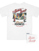 Rama Jama's White Mimosa Madness T-Shirt with an image of an ice bucket with three glass bottles inside and text "Mimosa Madness"