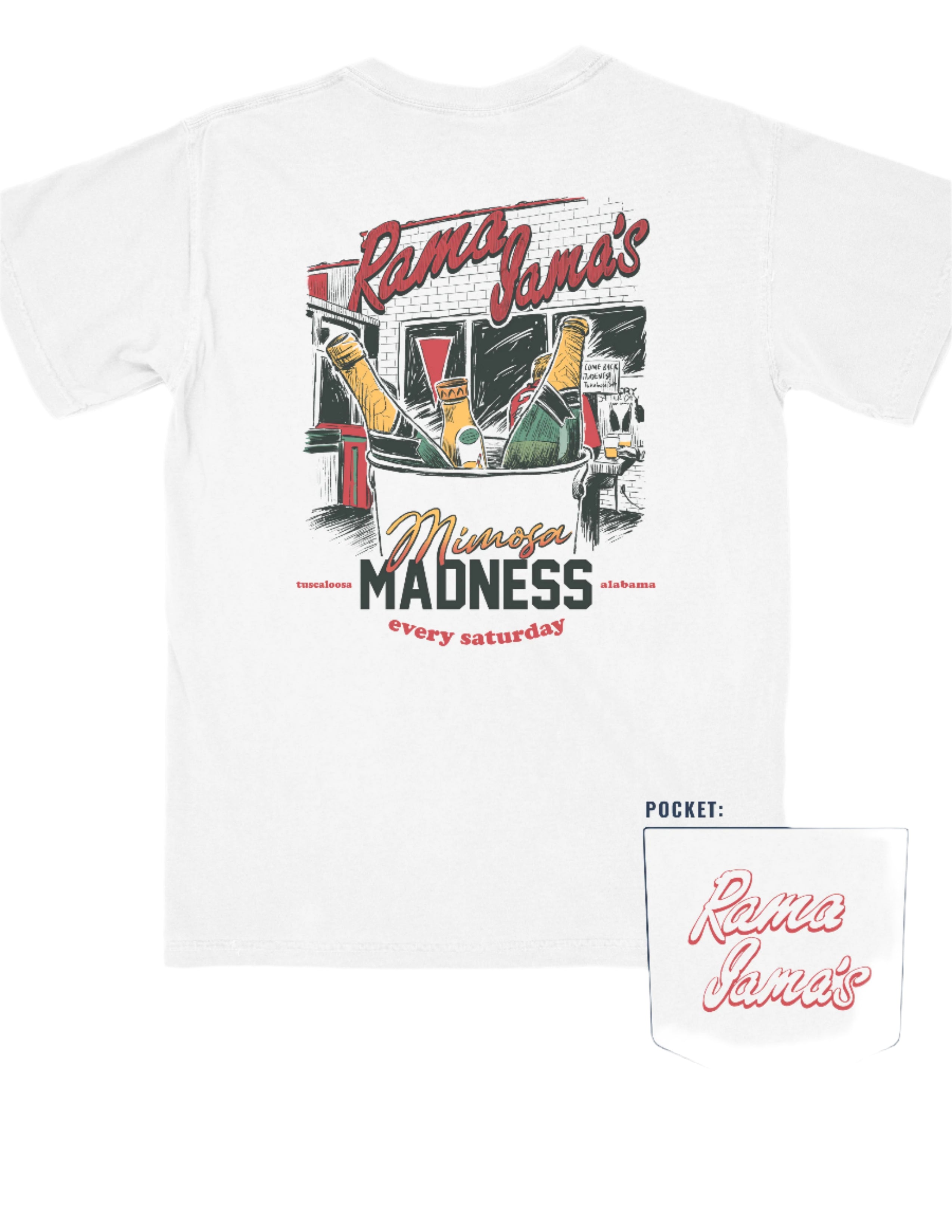 Rama Jama's White Mimosa Madness T-Shirt with an image of an ice bucket with three glass bottles inside and text "Mimosa Madness"