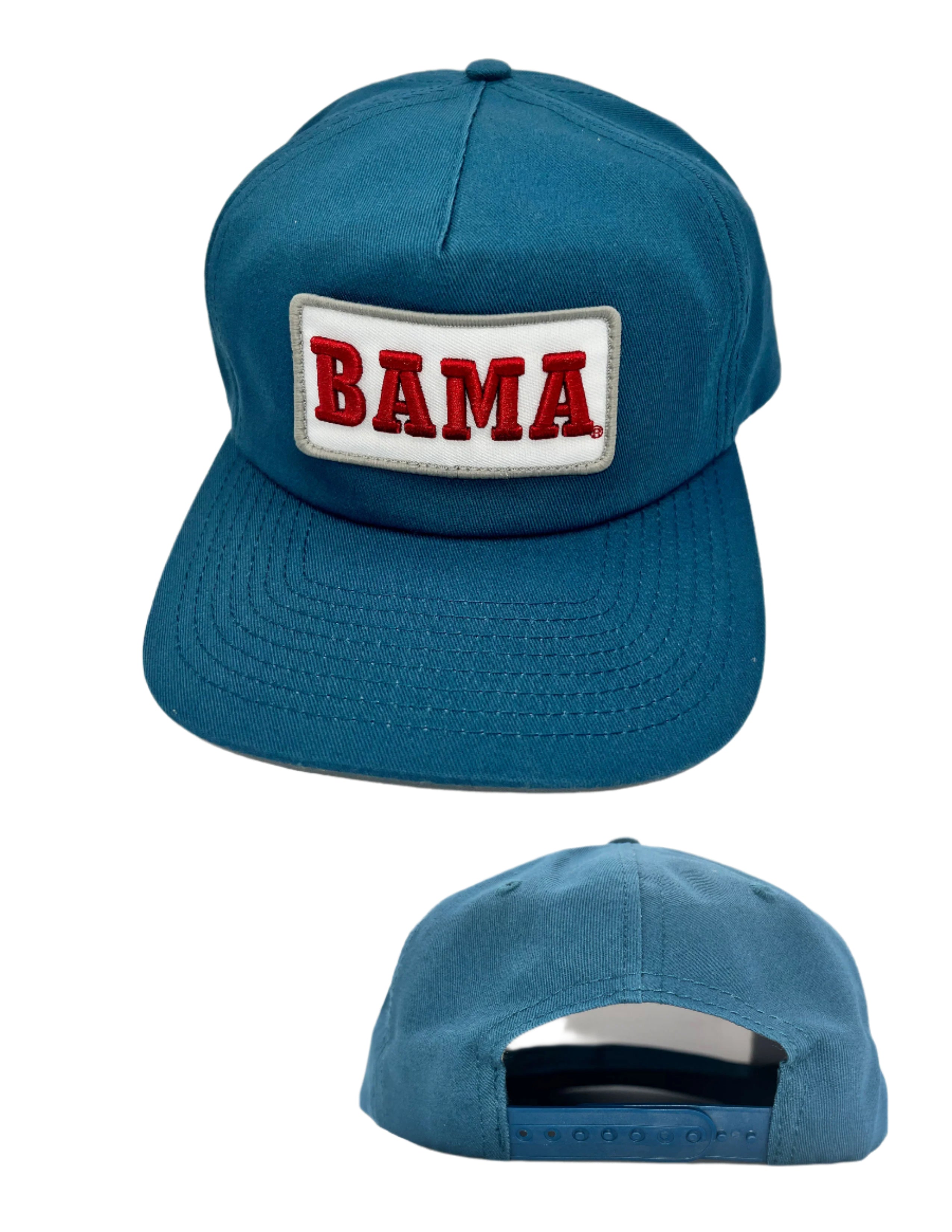 University of Alabama Teal Patch Hat with a White Patch featuring Red Retro text "BAMA"