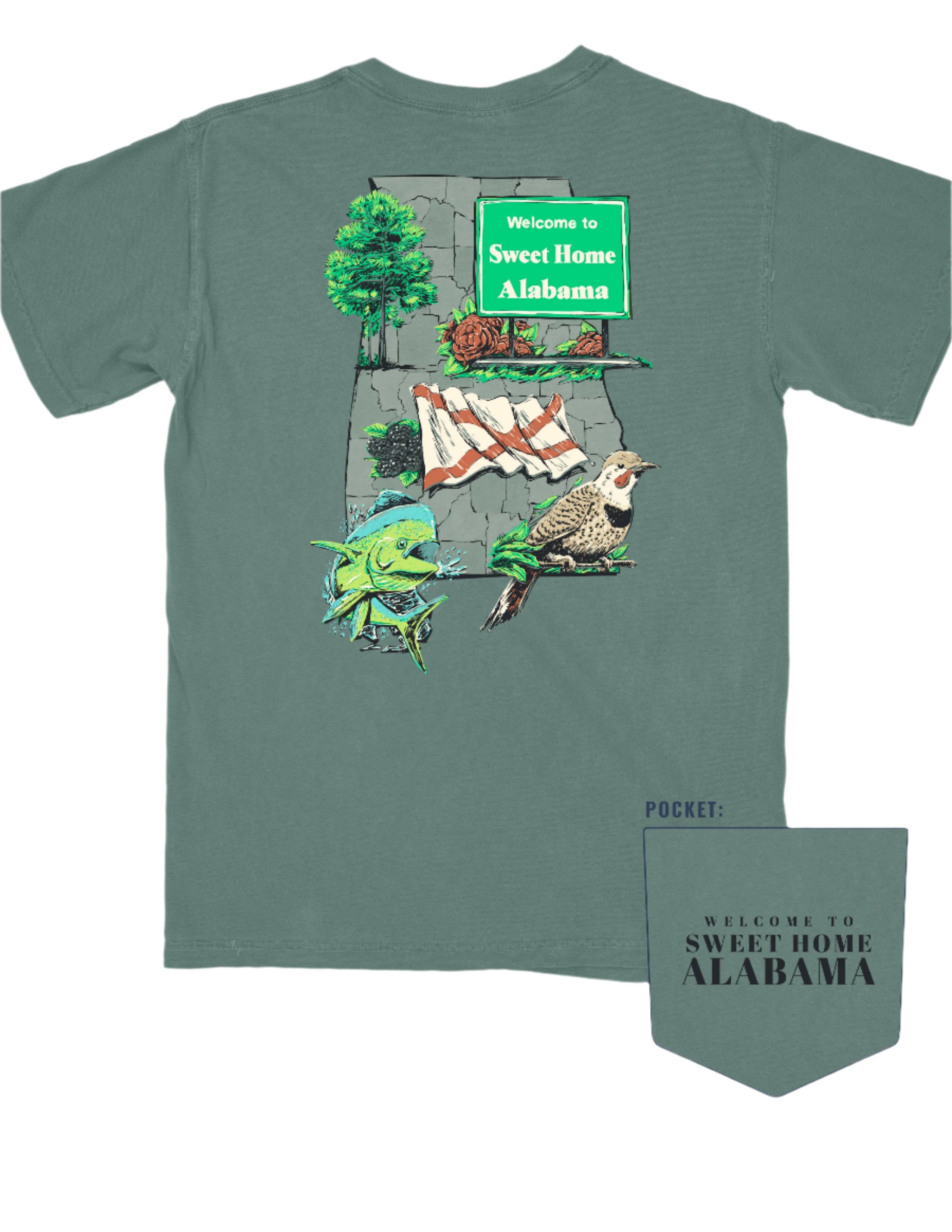 Blue Spruce Sweet Home Alabama T-Shirt with a graphic design that includes the state bird, flag, flower, and other elements representing Alabama.
