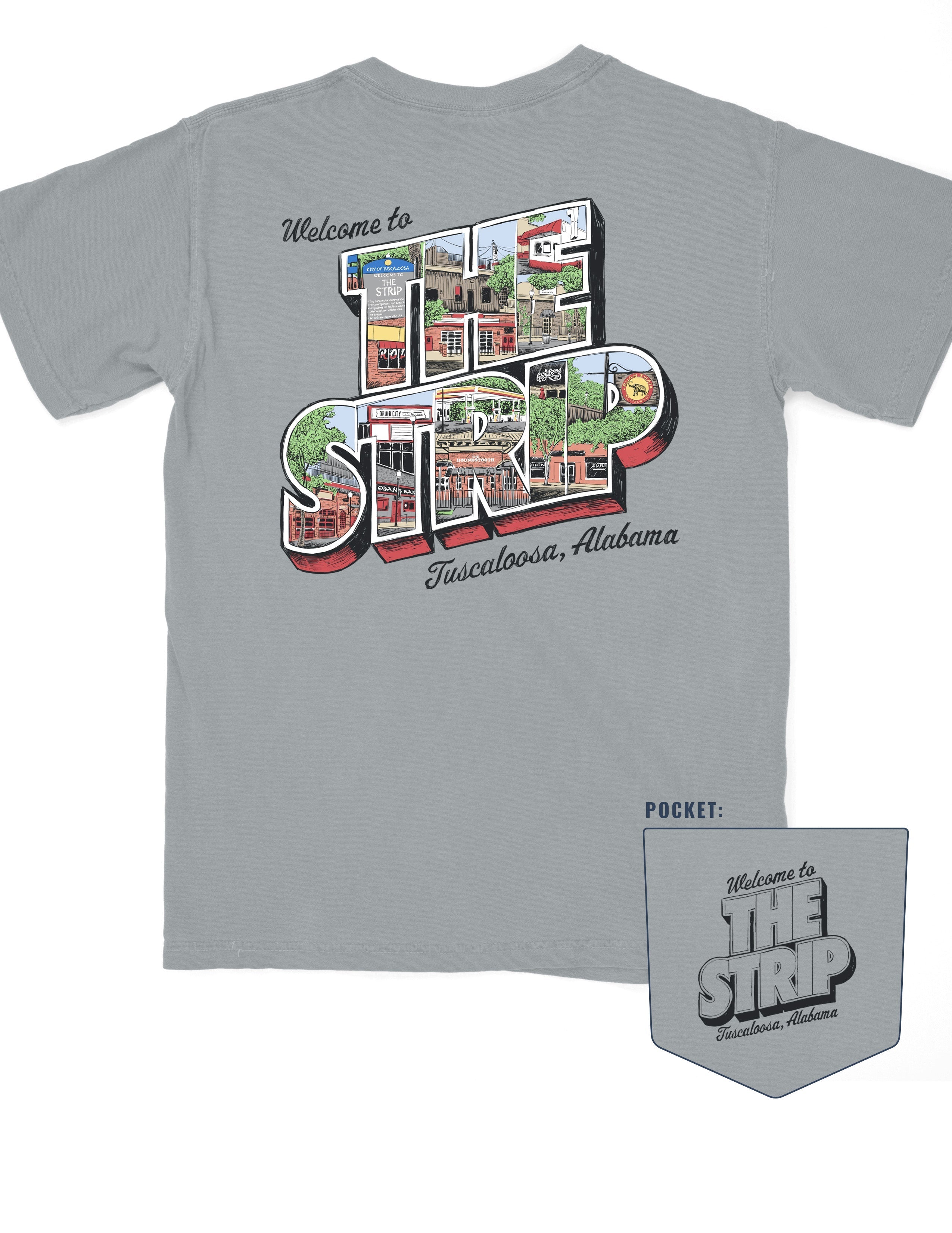 University of Alabama Grey The Strip T-Shirt with postcard style text "Welcome to THE STRIP" with "The Strip" filled with images of iconic buildings in that location