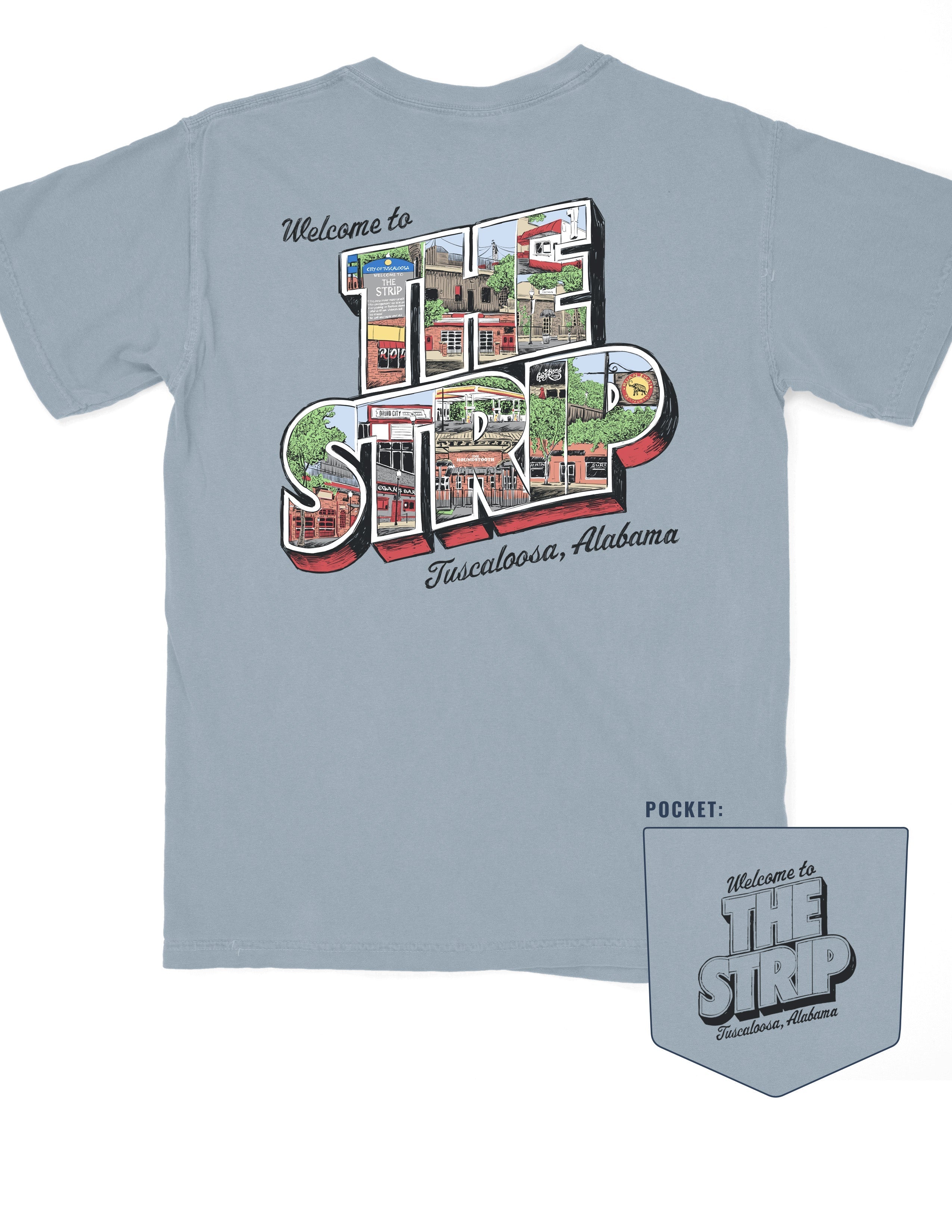 University of Alabama Blue The Strip T-Shirt with postcard style text "Welcome to THE STRIP" with "The Strip" filled with images of iconic buildings in that location
