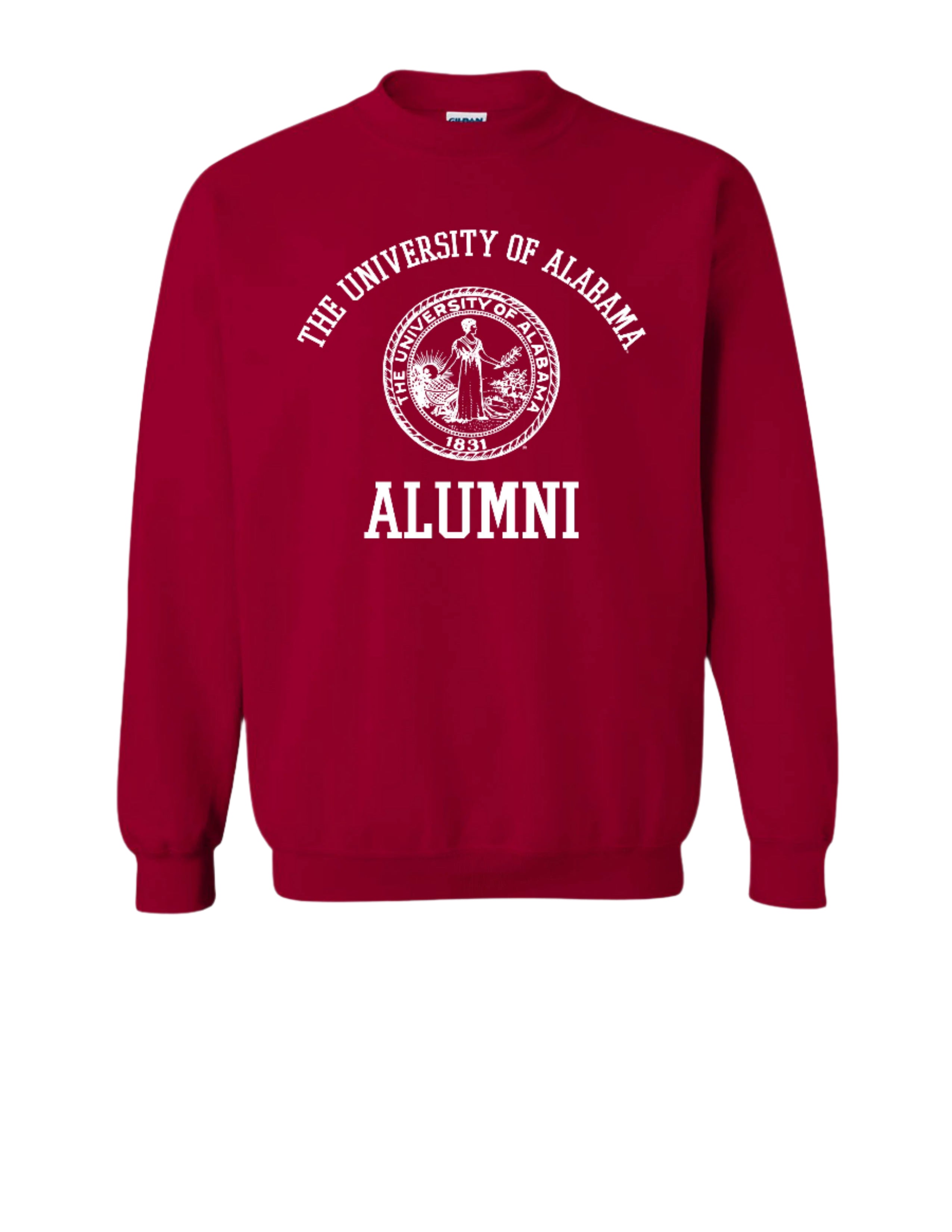 University of Alabama Red Alumni Sweatshirt with White text "University of Alabama" above the White Alumni Seal and White text "Alumni" below
