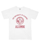 University of Alabama White Alumni T-Shirt with Red text "University of Alabama" above the Red Alumni Seal and Red text "Alumni" below