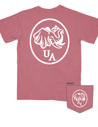 University of Alabama Red Elephant Seal T-Shirt with an image of an elephant holding an Alabama State flag above he letters "UA"