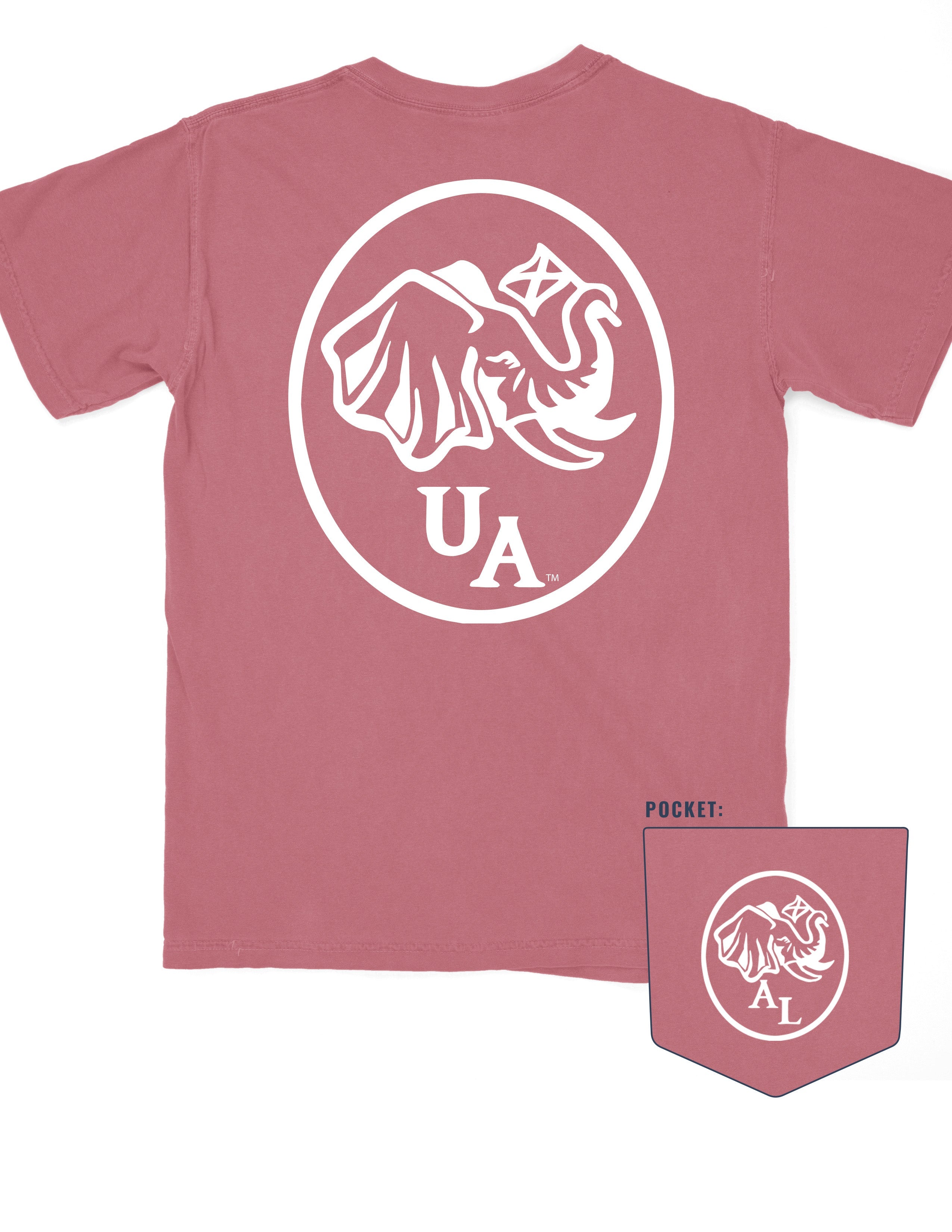 University of Alabama Red Elephant Seal T-Shirt with an image of an elephant holding an Alabama State flag above he letters "UA"