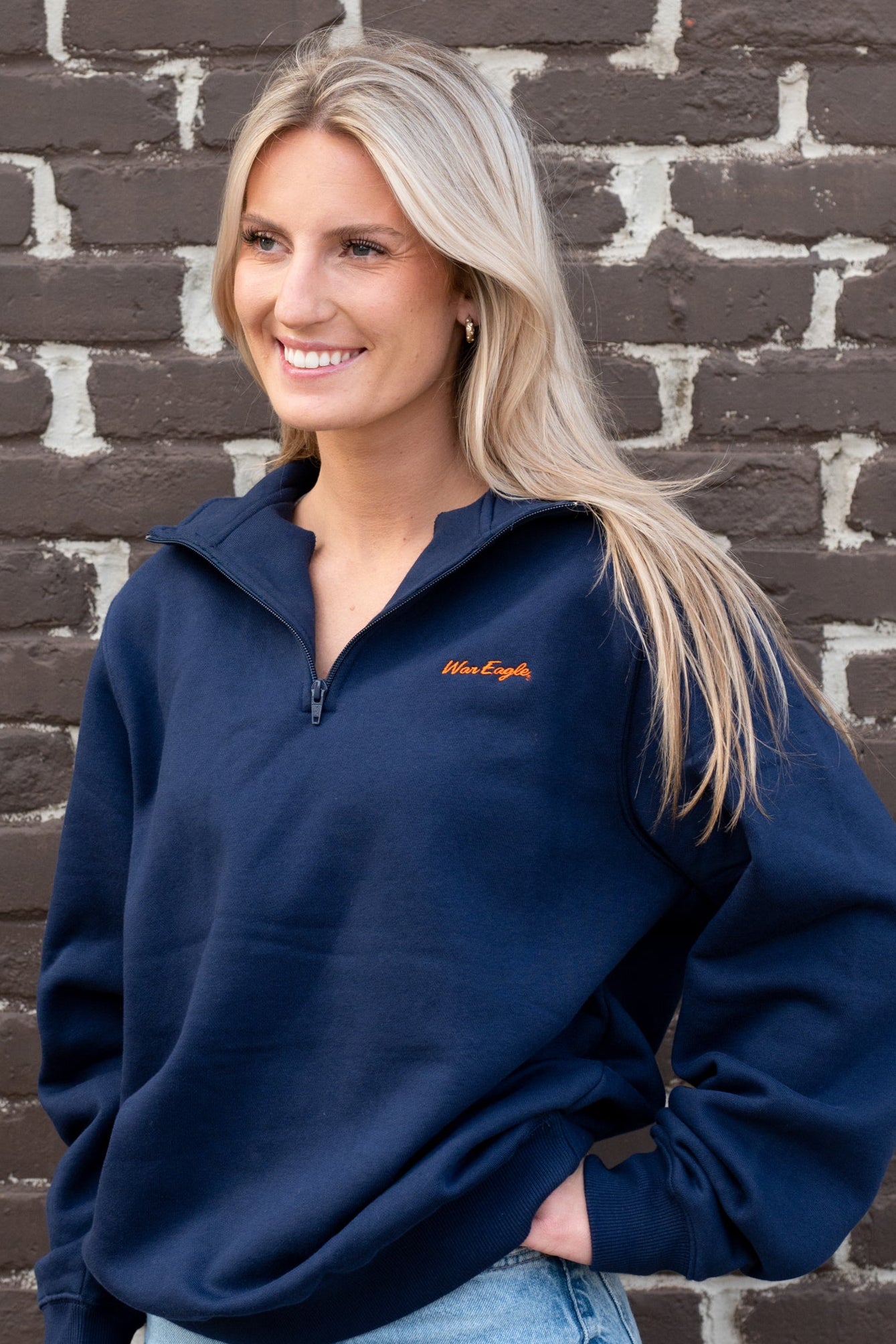 Auburn University Navy 1/4 Zip Sweatshirt with Orange script "War Eagle" embroidery