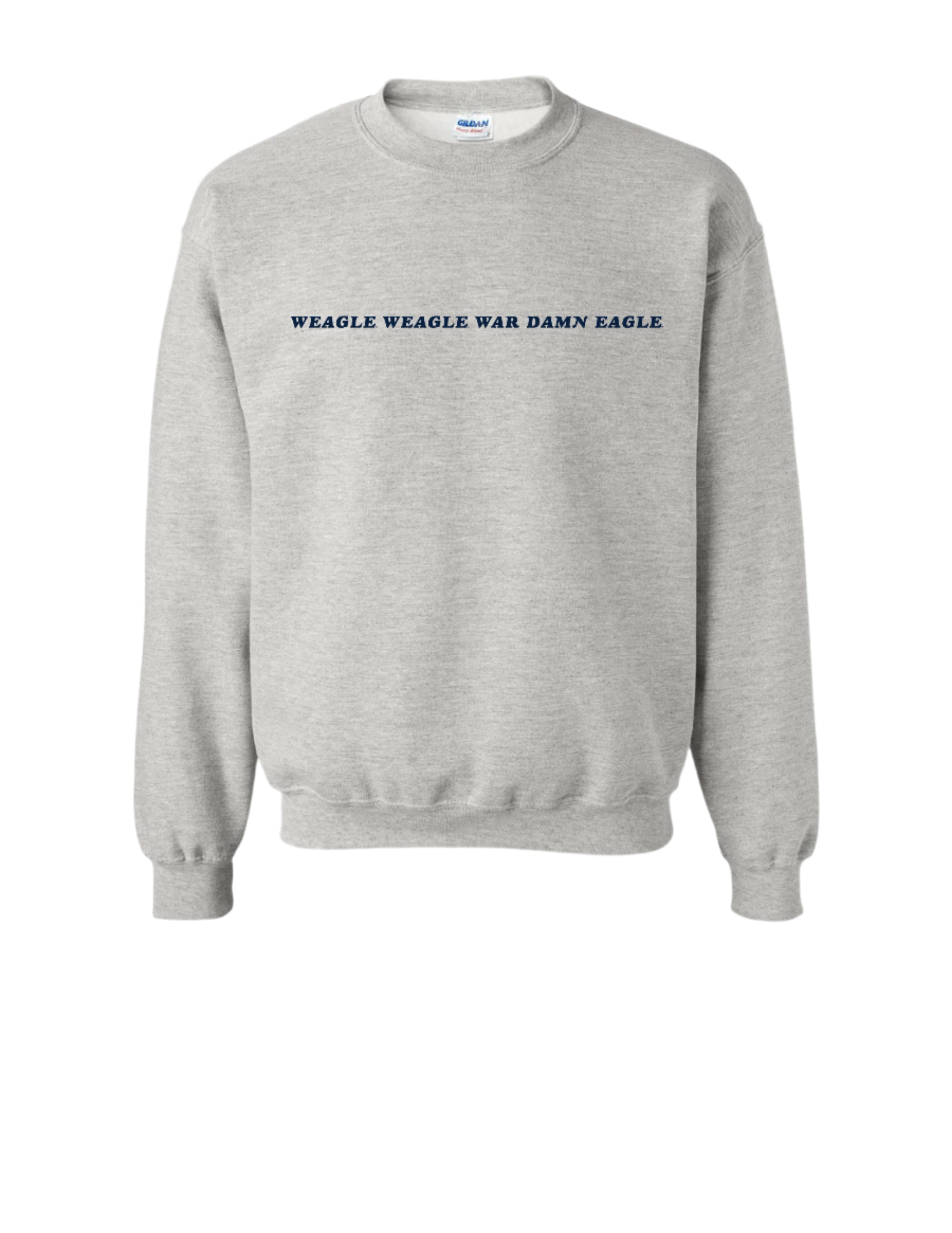 Auburn University Grey Sweatshirt with Navy embroidered text "Weagle Weagle War Damn Eagle"