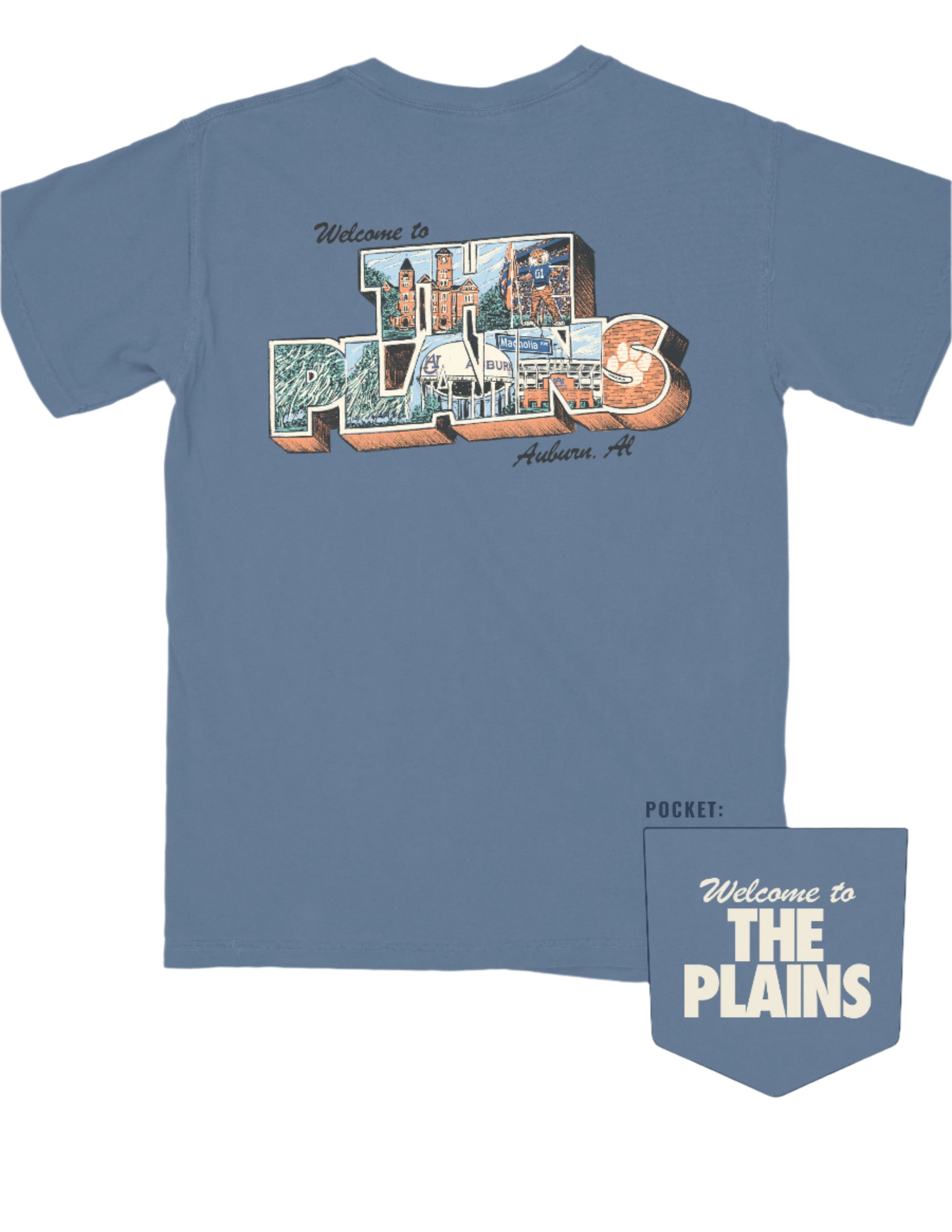 Auburn University Blue The Plains T-Shirt with postcard style text "Welcome to THE PLAINS" with "The Plains" filled with images of iconic buildings in that location